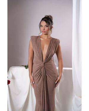 TRUEDAMES Sexy Sleeveless Super Deep V Slim Waist Pleated Temperament Fishtail Jumpsuit - Brown