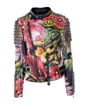 Philipp Plein Floral Leather Biker Jacket - Multicolor