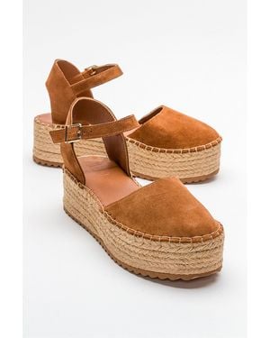 Forever & Always Shoes Viba Leather Esprarille Platform Wedge Sandals - Brown