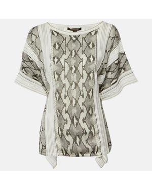 Roberto Cavalli Printed Silk & Knit Tie Detail Kaftan Top - Gray