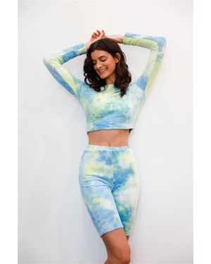 TRUEDAMES Tie-Dye Velvet Cropped Long Sleeve Top & Bike Shorts Set - Blue