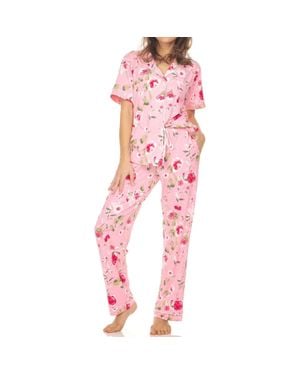 Flora Nikrooz Printed Notch Collar Pajama Set - Red