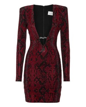 Philipp Plein Long-Sleeved Mini Dress Python Strass - Red