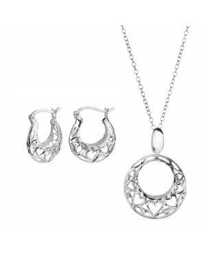 Gold & Honey Heart Filigree Hoop Earrings And Pendant Necklace Set - Metallic