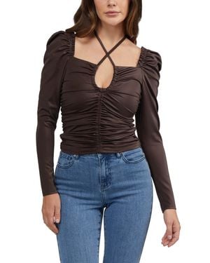 Bebe Puff Sleeve Coated Ruched Top - Black