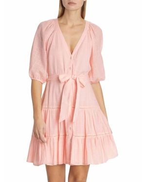Veronica Beard Dewey Tiered Cotton Button-Up Tie Waist Dress - Pink