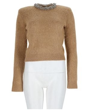 Self-Portrait Embellished Collar Textured Knit Sweater - White