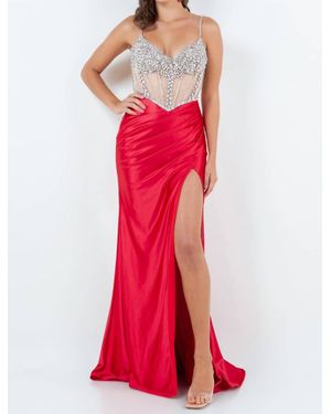 Cinderella Couture Beaded Sheer Corset Slit Gown - Red