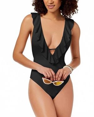 BarIII Ruffled Cross Back Cheeky One Piece Swimsuit - Black