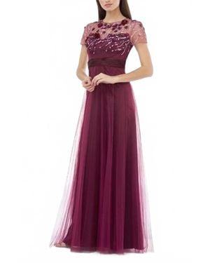 JS Collections Short Sleeve Embellished Bodice Mesh Gown - Purple