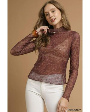 TRUEDAMES Nylon Lace Mesh Long Sleeve Top - Brown