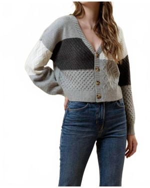Blu Pepper V-Neck Patchwork Cable Knit Cardigan - Black