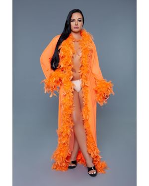 TRUEDAMES Long Glamour Chiffon Robe With Feather Boa Trim - Orange