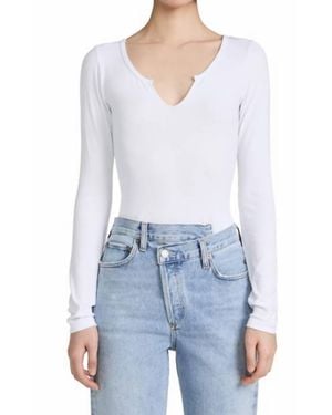 LNA Emory Notch Rib Long Sleeve Top - White