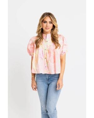 Karlie Big Floral Pastel Pleat Sleeve Top - Blue