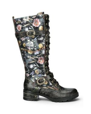 Laura Vita Victorian Floral Leather High Lace-Up Long Boots - Black