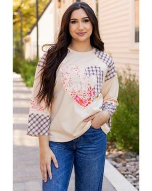 TRUEDAMES Plaid Floral Peace Heart Graphic Wide Long Sleeve Top - White