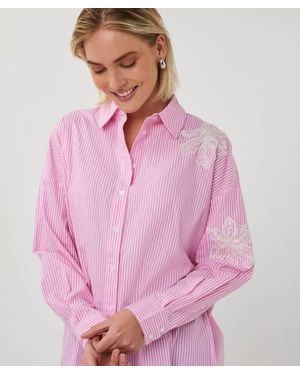 EsQualo Frynn Flower Patch Striped Blouse - Pink