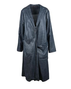 Maria Calderara Fluid Long Duster Coat With Waxed Effect And Brooch Closure - Blue