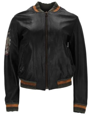 MR & MRS Leather Jacket With Ribbed Cuffs And Graphic Patches - Black