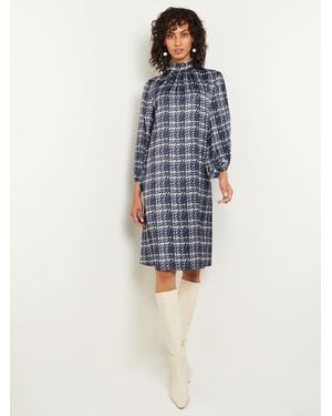 Misook Pleated Mock Neck Crepe De Chine Printed A-Line Dress - Blue
