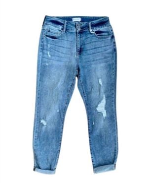 cello Mid Rise Distress Double Rolled Cuff Hem Crop Skinny Jeans - Blue