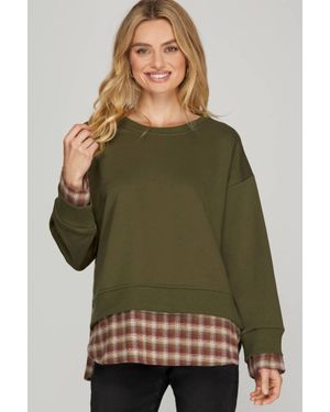 She + Sky Long Sleeve Sweatshirt With Contrast Plaid Top - Green