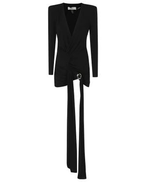 Nissa Deep V-Neck Asymmetrical Polyester Long Evening Dress - Black