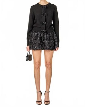 Endless Rose Round Neck Bow Trim Cardigan - Black