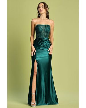 TRUEDAMES Strapless Pleated Lace Corset Prom Formal Dress - Green