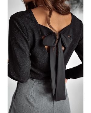 TRUEDAMES Metallic Bowknot Open Back V Neck Top - Black