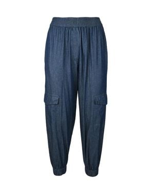 Collection Privée Cropped Cotton Pants With Relaxed Fit And Denim Texture - Blue