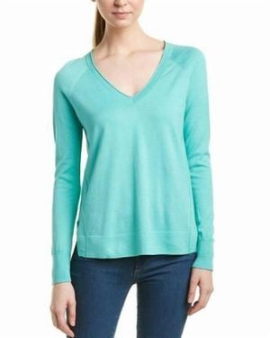 J Brand V-Neck Pullover Cotton Side Slits Sweater - Green