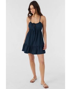 O'neill Sportswear Saige Mini Dress Slate Textured Knit Tassel Tie-Neck Frog341 - Blue