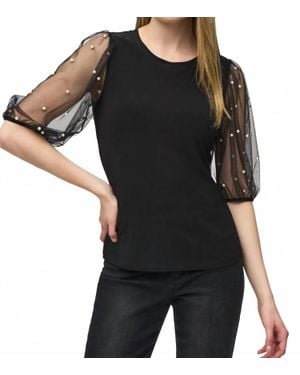 Joseph Ribkoff Stasia Silky Knit Top With Embellished Mesh Sleeves - Black