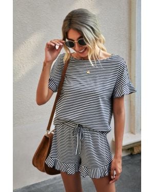 TRUEDAMES Round Neck Striped Top Short Set - Gray