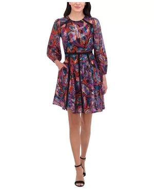 Vince Camuto Fit & Flare Dress Paisley 3/4 Sleeve Crew Neck Fts1493 - Purple