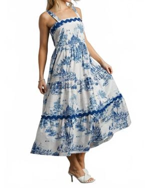 Umgee Landscape Tiered Maxi Dress With Ric Rac Trim - Blue