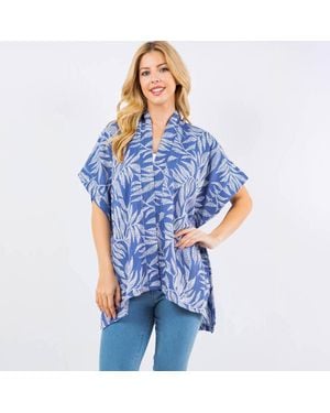 TRUEDAMES Lightweight Short Sleeves Leaf Pattern Open Front Kimono Poncho - Blue