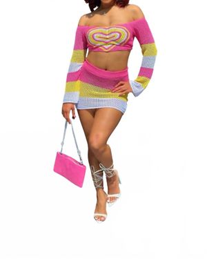 Cherry Mellow Heartbreaker Block Knit Off Shoulder Long Sleeve Matching Mini Skirt Set - Red