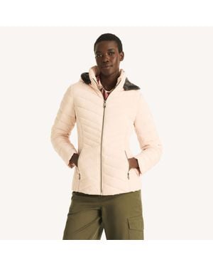 Nautica Short Hooded Jacket With Faux Fur Trim - Natural