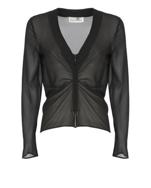 MM6 by Maison Margiela Polyester Sheer Gathered Front Zip Blouse - Black