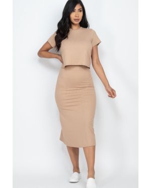 TRUEDAMES Short Sleeve Ribbed Top & Midi Skirt Se - Natural