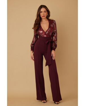 TRUEDAMES Flower Vein Sequin Print Jumpsuit - Red
