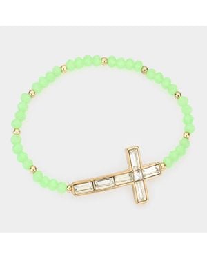 Fashnzfab Cross Accented Faceted Beaded Stretch Bracelet Mint - Green