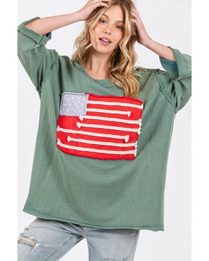 TRUEDAMES Sage + Fig Full Size American Flag Patch Drop Shoulder T-Shirt - Green