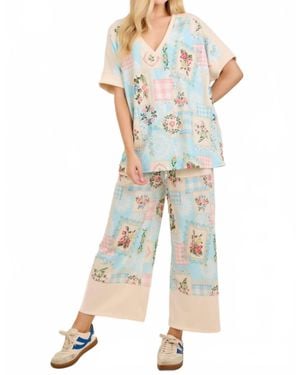 J. Her Rosy Nostalgia Terry V Neck Top And Pants Set - Blue