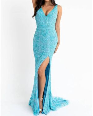 Primavera Beaded Sleeveless Gown - Blue