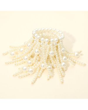 Fashnzfab Bold Pearl Beaded Fringe Stretch Statement Bracelet - Natural