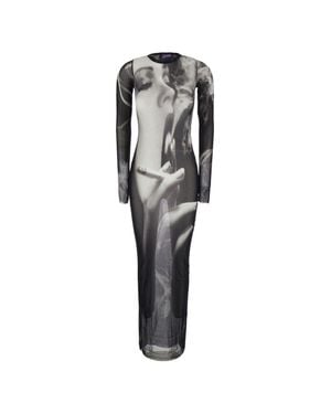 Jean Paul Gaultier Sheer Artistic Print Body-Hugging Dress - Gray